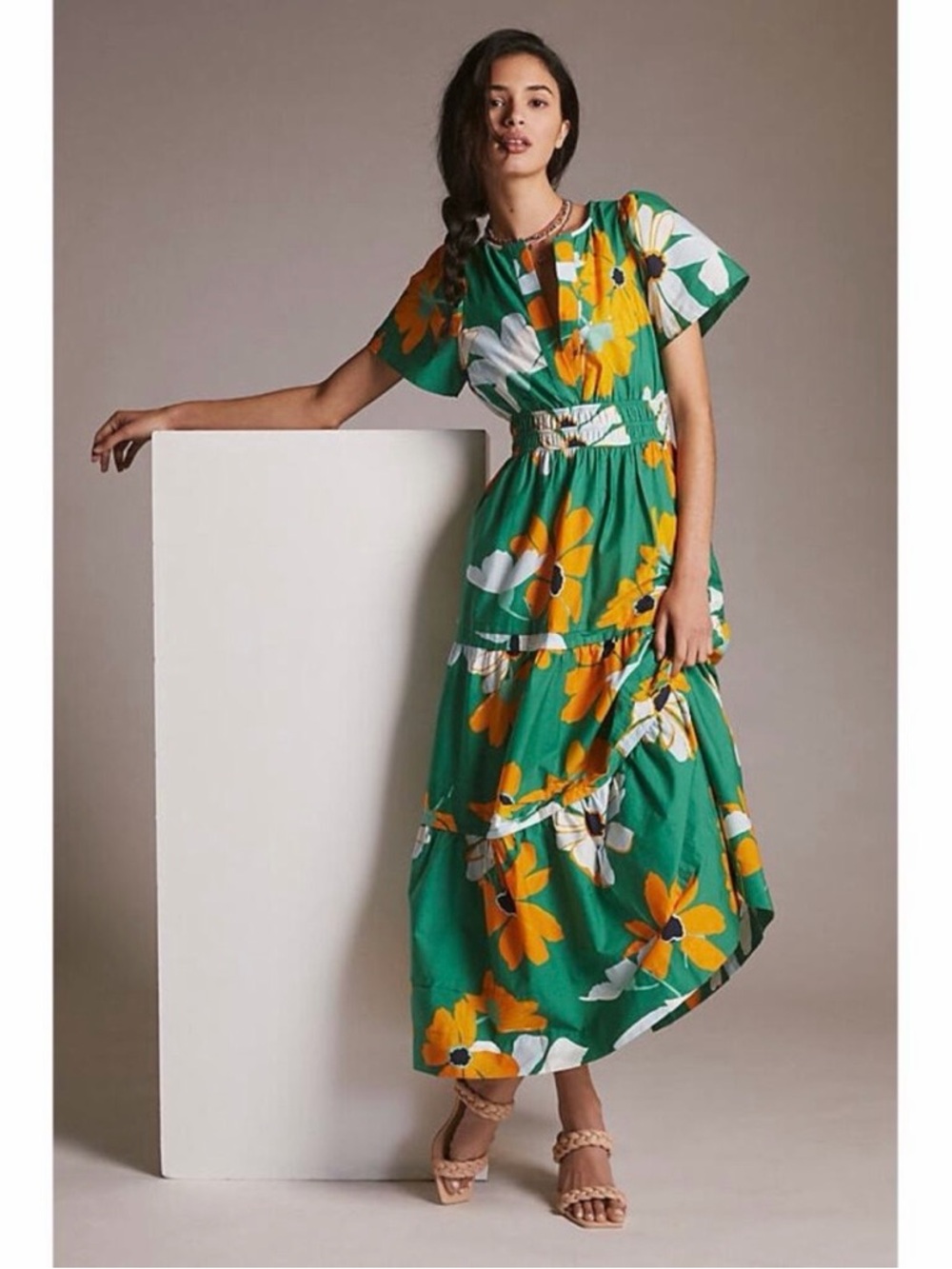 Anthropologie Maeve The Somerset Kelly Green Floral Maxi Dress Petite Size XS